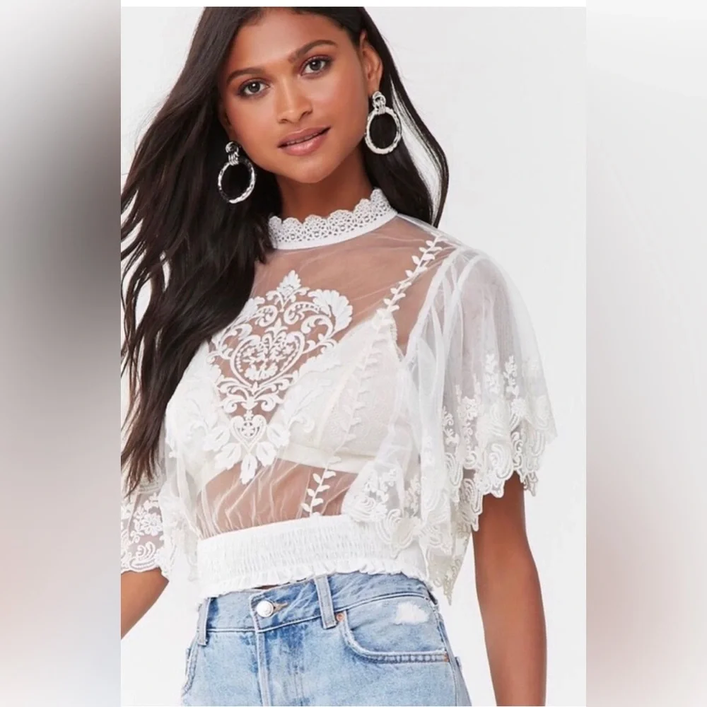 Forever 21 Embroidered Mesh Top Size S